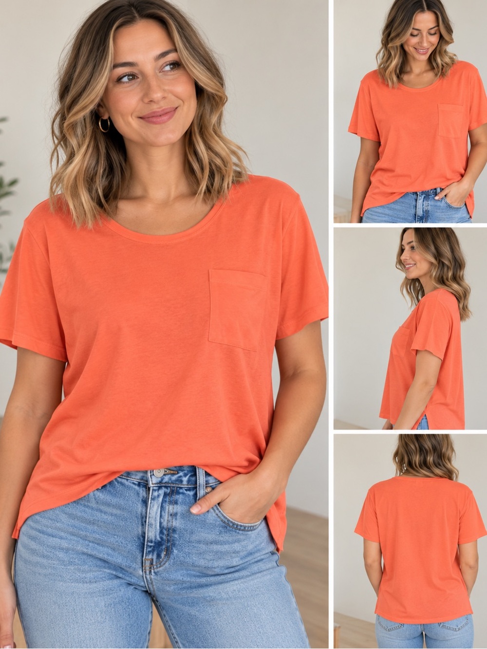 George Short-Sleeve Crewneck Pocket Tee - Coral Orange